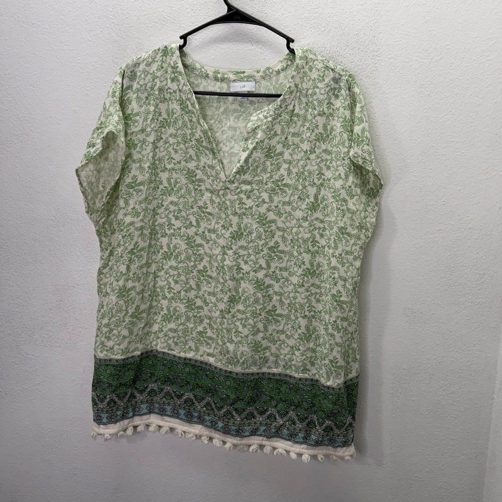 J. Jill Boho Paisley Tunic Top Fringe Sz Medium Petite V Neck Green Cotton Blend